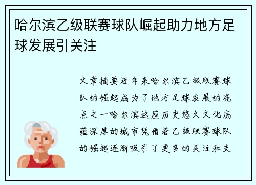 哈尔滨乙级联赛球队崛起助力地方足球发展引关注