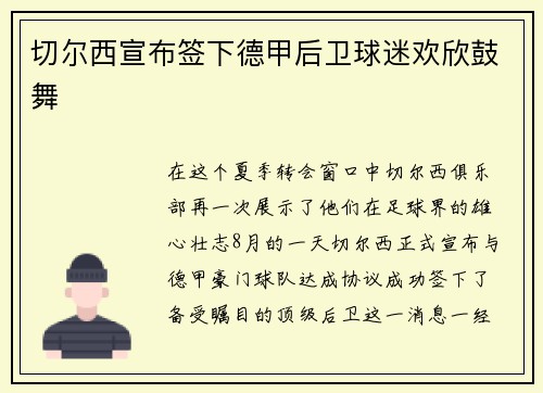切尔西宣布签下德甲后卫球迷欢欣鼓舞